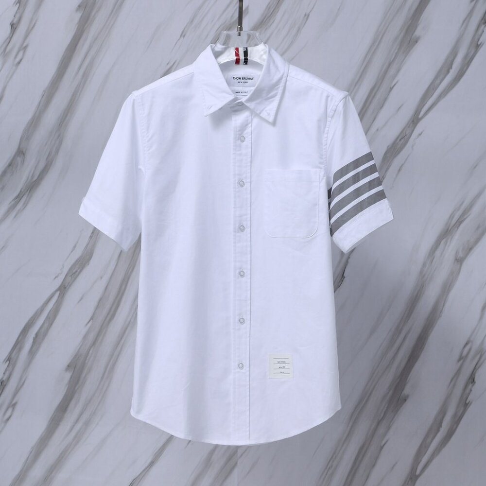 Thom Browne gray four-stripe short-sleeved shirt